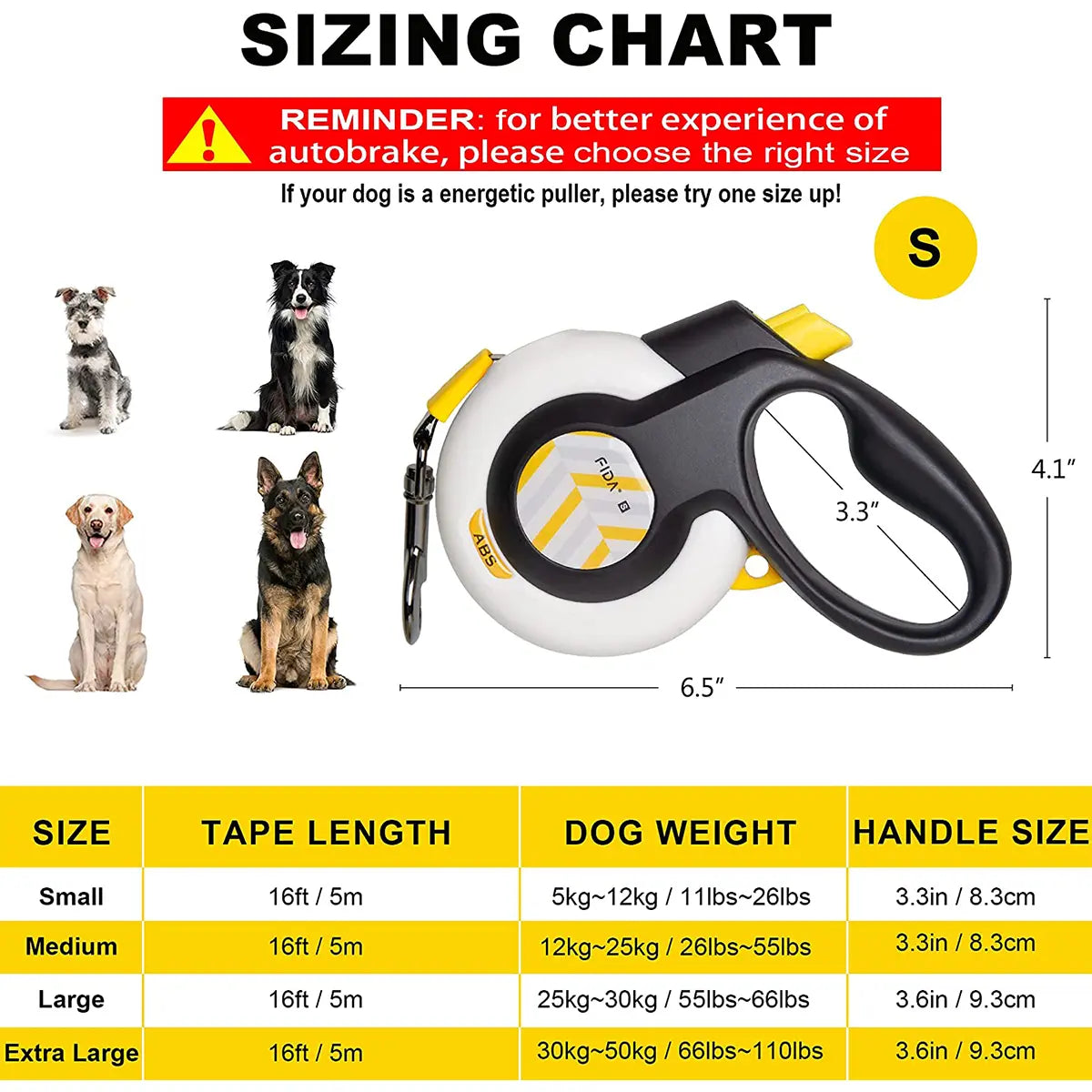 Fida Retractable Dog Leash with Autobrake Technology, 16 Ft Heavy Duty No-Pull Design for Large and Medium Dogs, Tangle-Free, One-Hand Control, Soft Grip