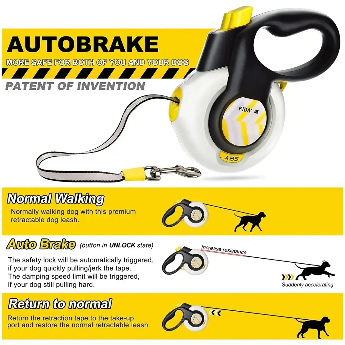 Fida Retractable Dog Leash with Autobrake Technology, 16 Ft Heavy Duty No-Pull Design for Large and Medium Dogs, Tangle-Free, One-Hand Control, Soft Grip